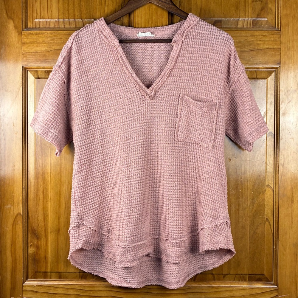 New In Waffle Knit V-Neck Pocket Top Dusty Rose Pink Raw Edge Med Boho Oversized